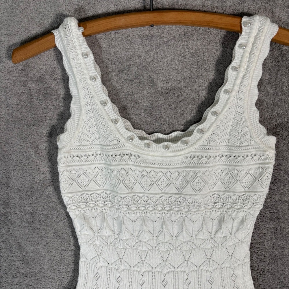 Ancosti White Pointelle Knit Pearl Embellished Fit Flare Mini Dress Angelcore S - Picture 5 of 11